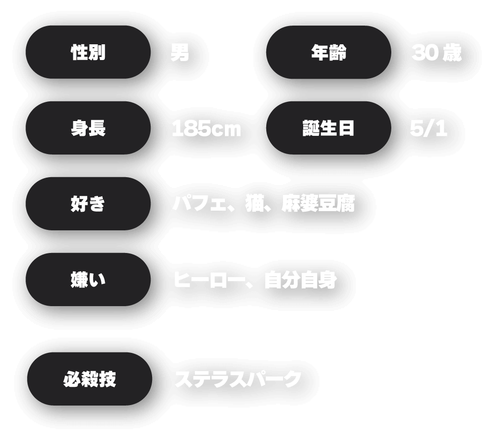性別：男、年齢：30歳、身長：185cm、誕生日：5/2、好き：パフェ・猫・麻婆豆腐、嫌い：ヒーロー・自分自身、必殺技：ステラスパーク