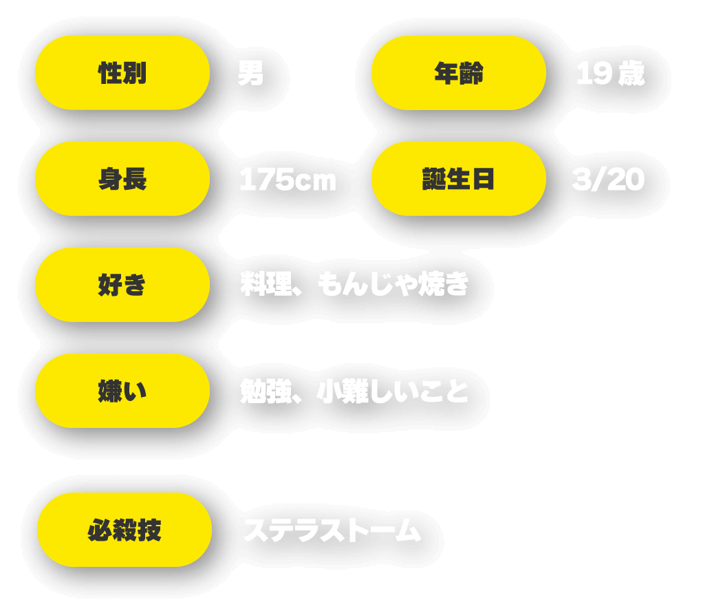 性別：男、年齢：19歳、身長：175cm、誕生日：3/20、好き：料理・もんじゃ焼き、嫌い：勉強・小難しいこと、必殺技：ステラストーム